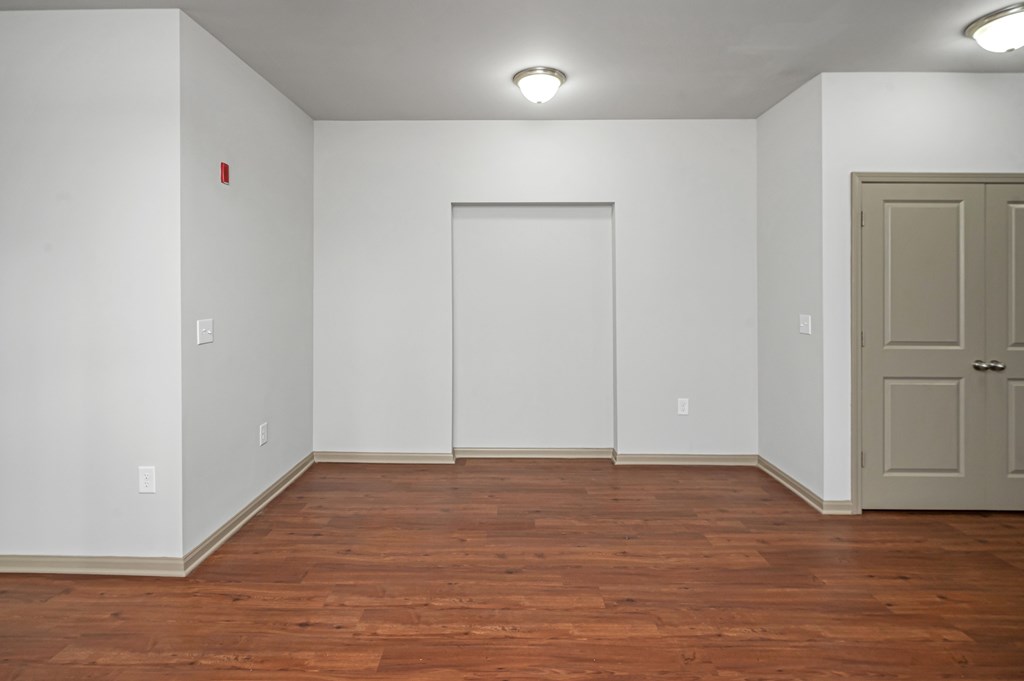 A room with a wooden floor and a white door.